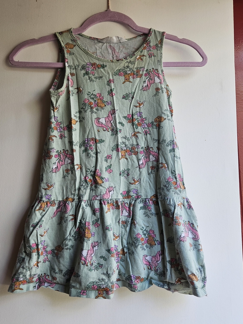 H&M Girls Unicorn Drop Waist Dress Size 6-7 Mint Green Boho